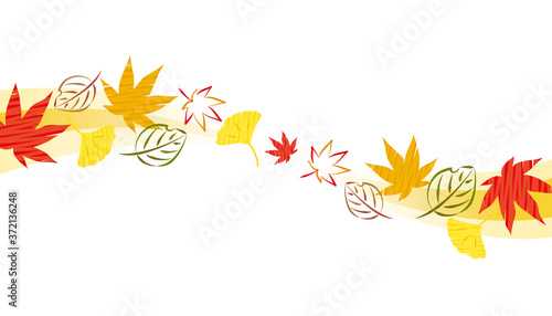 紅葉やイチョウなど秋の葉のウェーブ背景素材 手描き風