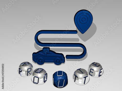 ROUTE round text of cubic letters around 3D icon, 3D illustration for road and background