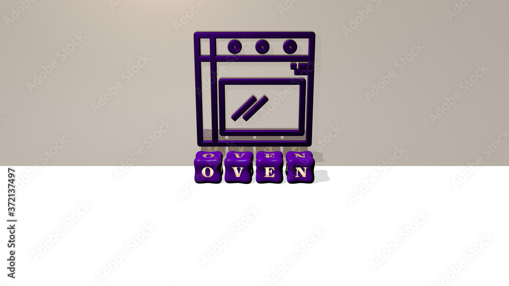 3D illustration of OVEN graphics and text made by metallic dice letters for the related meanings of the concept and presentations for cooking and kitchen 3D illustration of OVEN graphics and text made by metallic dice letters for the related meanings of the concept and presentations for cooking and kitchen