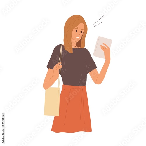 Frustrated woman looking at screen of tablet having negative emotion vector f...