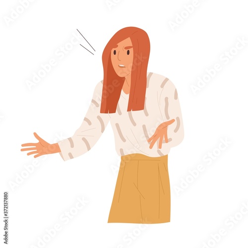 Angry woman indignation with irritated face expression vector flat illustration. Nervous girl having misunderstanding or problem isolated on white. Annoyed female feeling stress and negative emotion