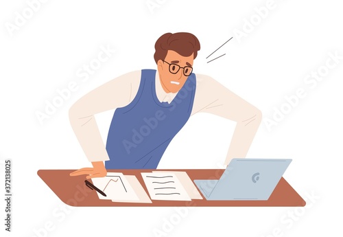 Business male feeling stress having problem at work vector flat illustration. Man office worker worried looking at screen of laptop isolated. Something went wrong. Nervous guy at workplace