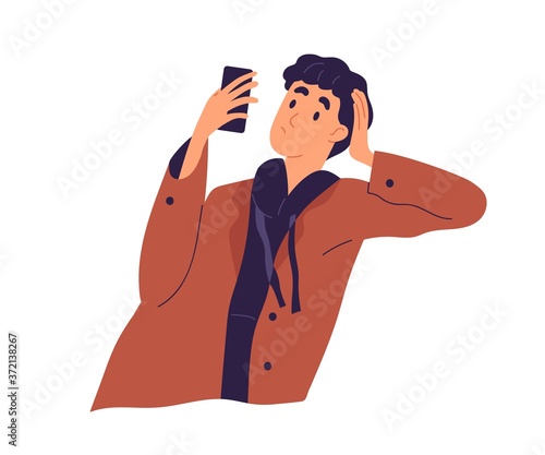Relaxed guy looking at screen of smartphone vector flat illustration. Pensive...
