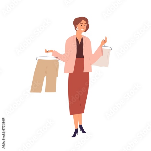 Smiling female professional stylist offering clothing during shopping vector ...