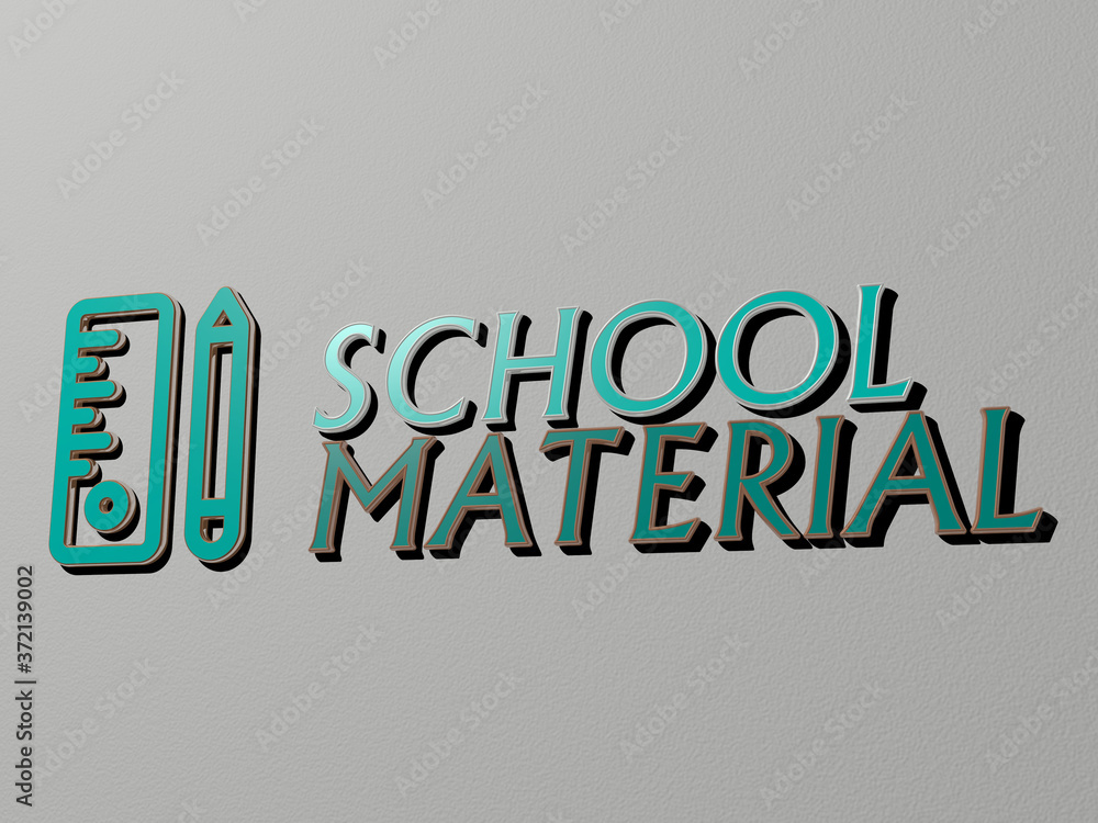 SCHOOL MATERIAL icon and text on the wall, 3D illustration for education and background Stock
