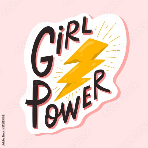 Girl power lettering composition vector flat illustration. Hand drawn feminism motivational slogan with lightning and design elements isolated. Handwritten feminist quote, phrase or apparel print