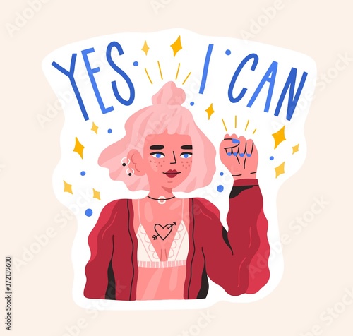 Hand drawn feminist composition with motivation phrase Yes i can vector flat illustration. Modern hipster woman raising fist demonstrate girl power isolated on white. Independence and gender equality