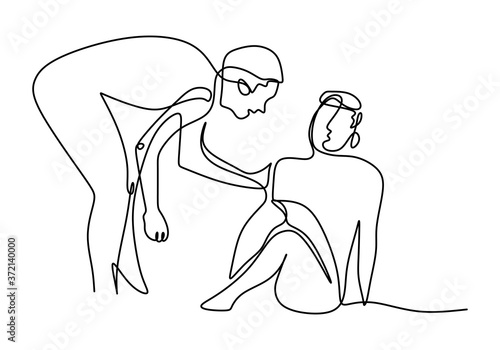 One line drawing of people help the others. Young man helping the other man who have fallen show solidarity gesture. Humanitarian day. Mutual support concept. Minimal style vector illustrations