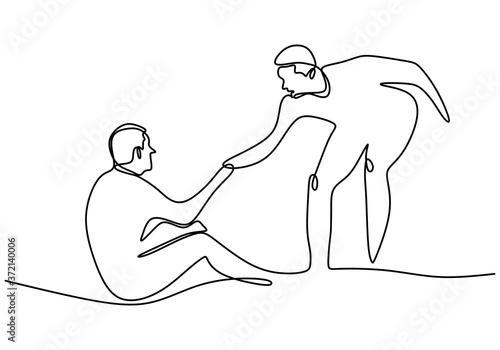 One line drawing of people help the others. Young man helping the other man who have fallen show solidarity gesture. Humanitarian day. Mutual support concept. Minimal style vector illustrations