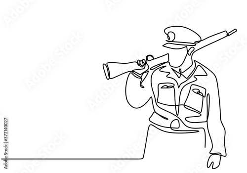 Continuous line drawing of uniformed police officer on duty. A senior policeman stands with a gun in his hand isolated image minimalist style. Safety security concept. Vector design illustration