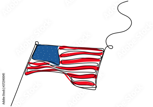 American flag one continuous single line drawing isolated on white background minimalist design. United State of America flag is tattered by wind. National day concept. Vector illustration