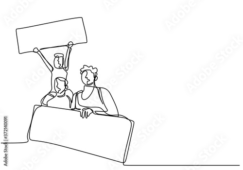 One continuous line drawing of a protester. Two people in demonstration holding a blank paper roll to aspirate their voice. Activists protest with blank signboard concept. Vector illustration