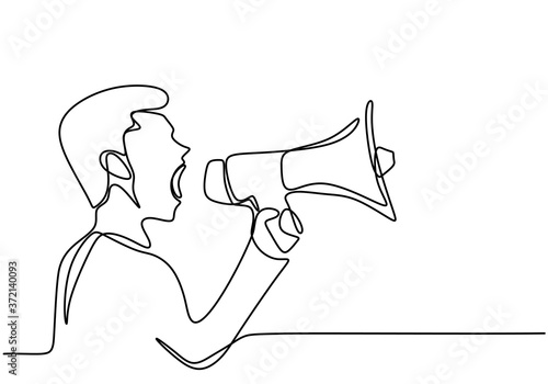 Continuous one line drawn a man talking into a loudspeaker. A male spoke excitedly while holding the megaphone. The concept of announcement, warning, oratory, eloquence, loud statement, publicity