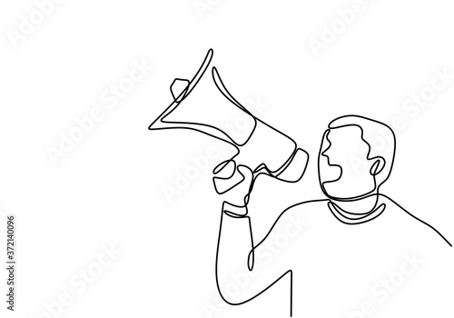 Continuous one line drawn a man talking into a loudspeaker. A male spoke excitedly while holding the megaphone. The concept of announcement, warning, oratory, eloquence, loud statement, publicity