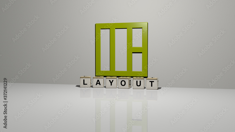 LAYOUT text of cubic dice letters on the floor and 3D icon on the wall ...