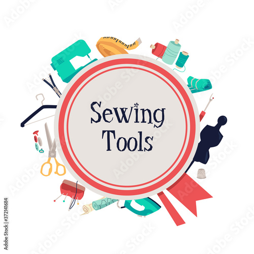 Sewing tools poster with tailor's equipment kit on background