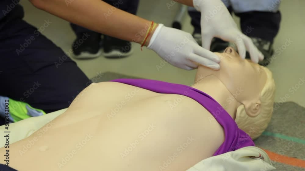 Close up of female hands showing how to check the respiratory tracks for CPR during a first aid class. Close up of female hands showing how to check the respiratory tracks for CPR during a first aid class.