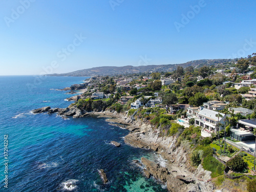 Aerial view of Laguna Beach coastline town and beach, Southern California, USA