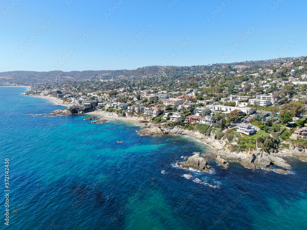 Aerial view of Laguna Beach coastline town and beach, Southern California, USA