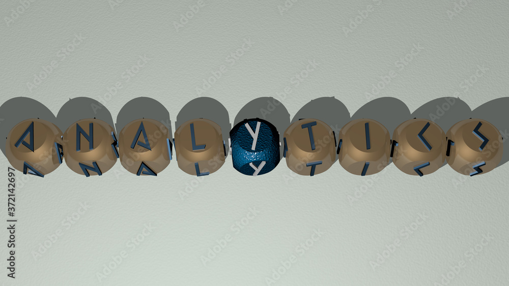 ANALYTICS text by cubic dice letters, 3D illustration for business and concept ANALYTICS text by cubic dice letters, 3D illustration for business and concept