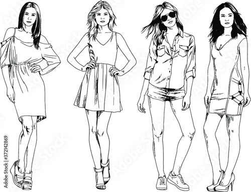 vector drawings on the theme of beautiful slim sporty girl in casual clothes in various poses painted ink hand sketch with no background