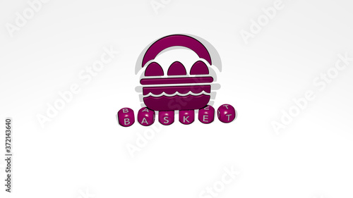 basket 3D icon over cubic letters, 3D illustration for background and white