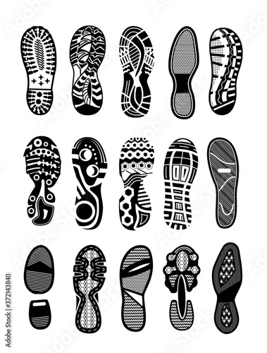 Shoe sole. Foot print tread, boots, sneakers, trekking or running shoe illustration. Human footprint silhouette icon set isolated on white background. Vector footwear trace collection. Step imprint