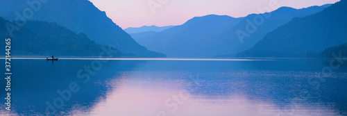 Dawn on Lake Teletskoye, Mountain Lake, beautiful reflection, fishing, Altai
