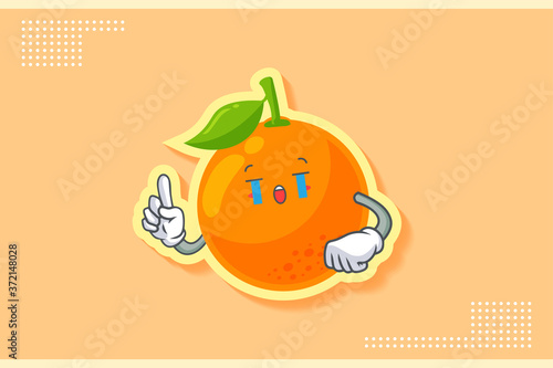 CRYING, SAD, SOB, CRY Face Emotion. Forefinger Hand Gesture. Orange, Citrus Fruit Cartoon Drawing Mascot Illustration.