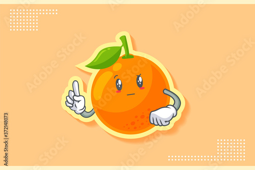 REALLY, ATTENTIVE, CURIOS Face Emotion. Forefinger Hand Gesture. Orange, Citrus Fruit Cartoon Drawing Mascot Illustration.