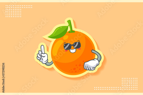 RELAXED, GLASSES, COOL Face Emotion. Forefinger Hand Gesture. Orange, Citrus Fruit Cartoon Drawing Mascot Illustration.