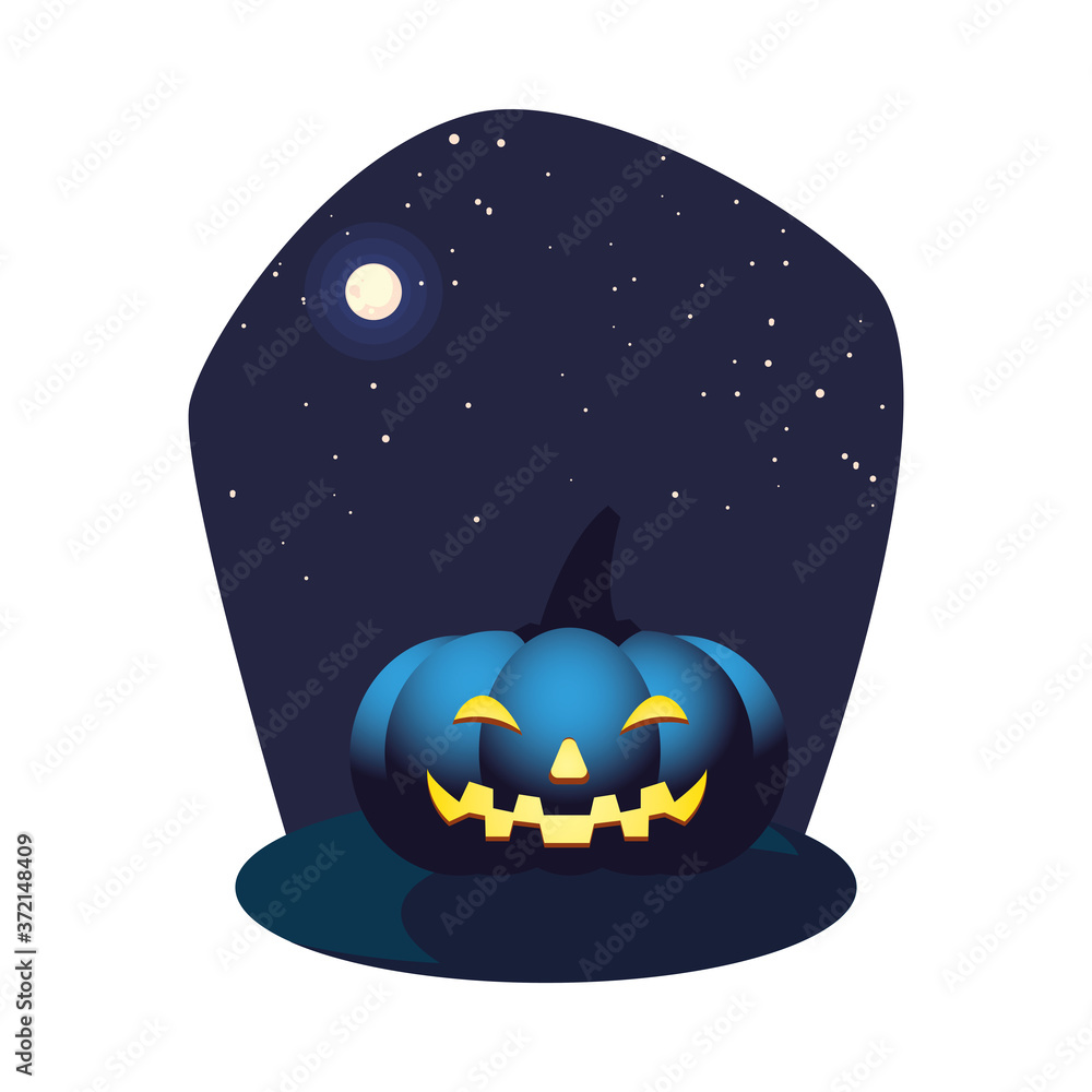 Halloween blue pumpkin cartoon at night vector design