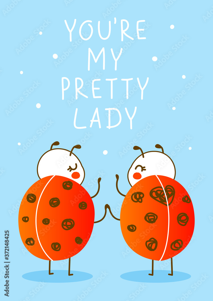 Cute little ladybugs on blue background - cartoon characters for funny greeting card and poster design Cute little ladybugs on blue background - cartoon characters for funny greeting card and poster design