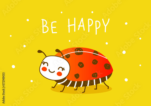Cute little ladybug on yellow background - cartoon character for funny greeting card and poster design