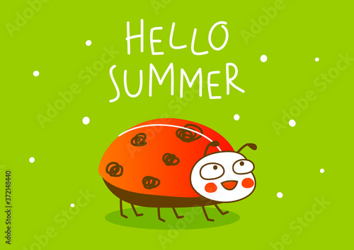 Cute little ladybug on green background - cartoon character for funny greeting card and poster design