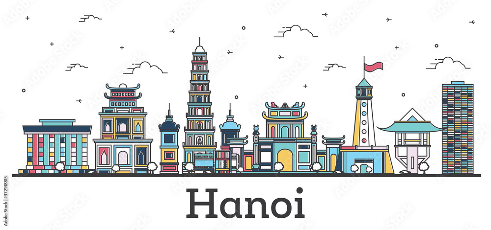 Outline Hanoi Vietnam City Skyline with Color Buildings Isolated on White.