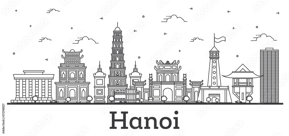 Outline Hanoi Vietnam City Skyline with Modern and Historic Buildings Isolated on White.