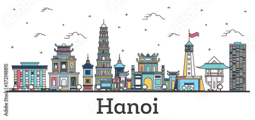 Outline Hanoi Vietnam City Skyline with Color Buildings Isolated on White.