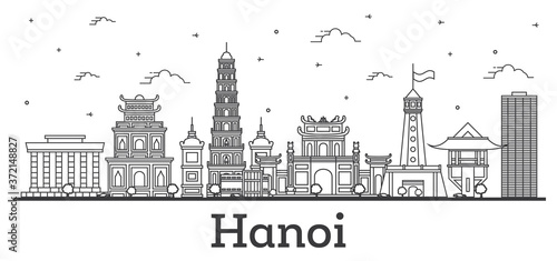 Outline Hanoi Vietnam City Skyline with Modern and Historic Buildings Isolated on White.