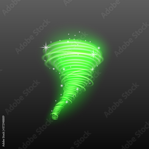 Shiny green light tornado swirl with sparkling magic stars