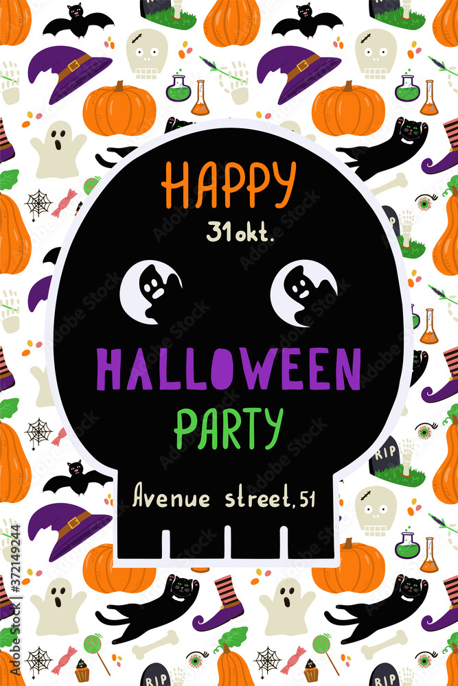 Fototapeta premium Halloween invitation with scull on seamless pattern