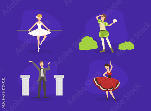 Theatrical Actor, Ballerina Dancer, Opera Singer Characters Performing on Stage Vector Illustration