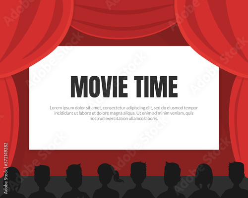 Movie Time Background with Space for Text, Cinema Red Curtains and Silhouettes of Viewers Vector Illustration