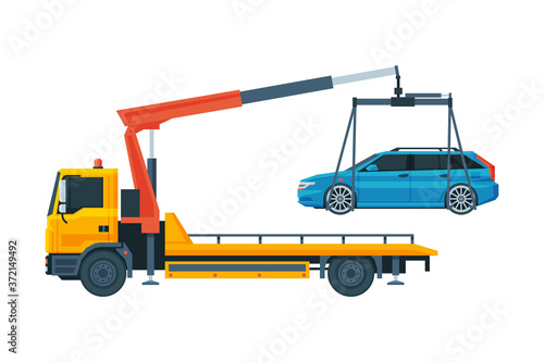Tow Truck Evacuating Blue Car, Road Assistance and Evacuation Service Flat Vector Illustration