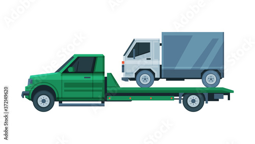 Tow Truck Evacuating Lorry, Road Assistance and Evacuation Service Flat Vector Illustration