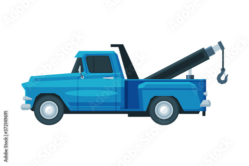 Blue Tow Truck, Evacuation Car, Road Assistance Service Flat Vector Illustration