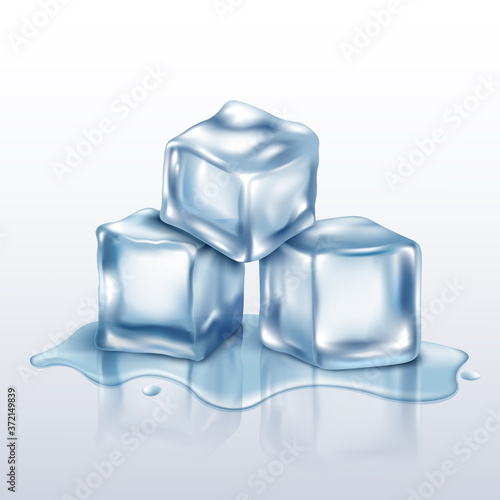 Melting ice cubes pile realistic mockup vector illustration on white background.