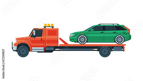 Green Car Transporting on Tow Truck, Roadside Assistance Service Flat Vector Illustration