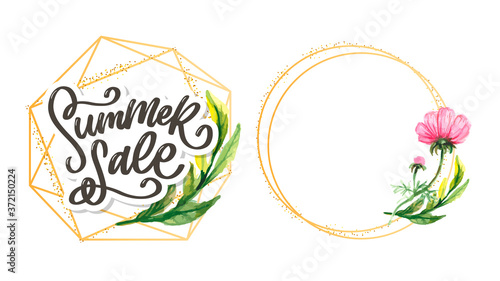 Trendy floral vector template. Summer flowers and Summer sale lettering illustration. Shabby gold texture on striped background.