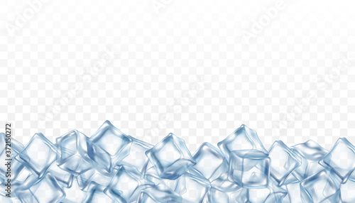 Banner template with clear blue ice cubes realistic vector illustration isolated.